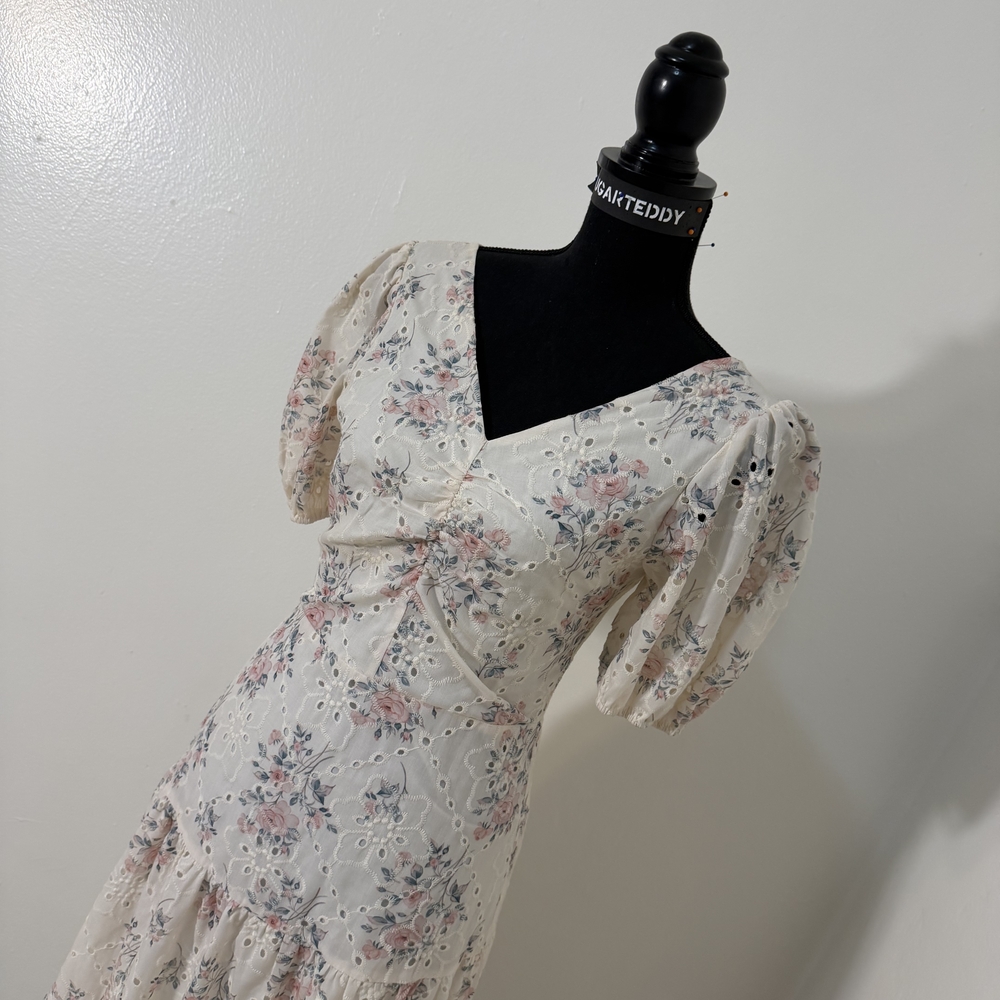 Floral Cream Dress with Pink Accents/Eyelet